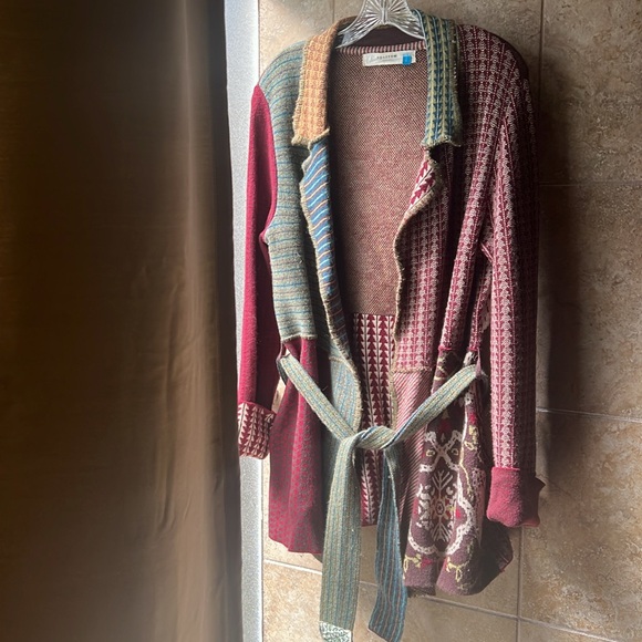 Anthropologie Sparrow Patchwork Jacquard Sweater Coat Belted Cardigan Pockets - Picture 9 of 15